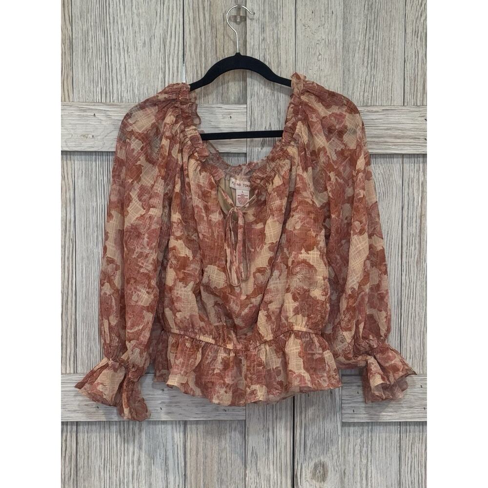 Flying Tomato Orange Flower Off The Shoulder Large Tie Front Ruffled Crop Blouse